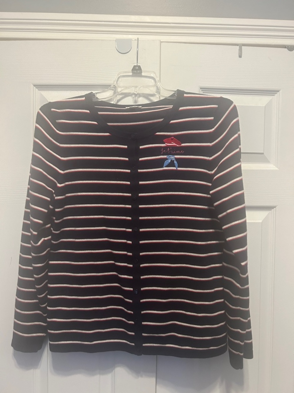 Talbots Striped Blue Cardigan with Red & White Accents